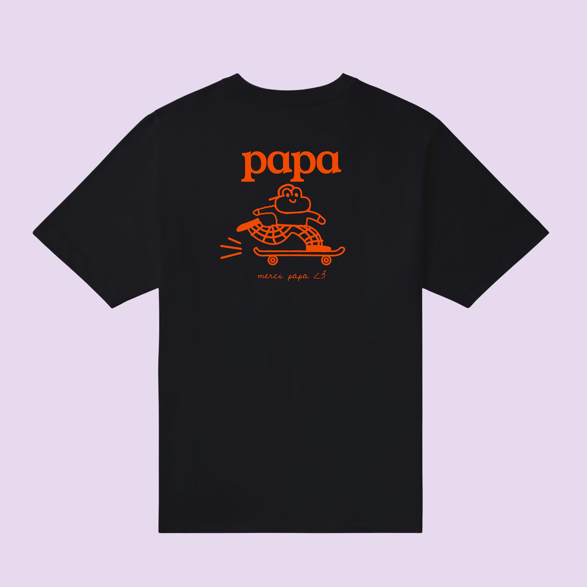 T-shirt noir « papa » illustré en orange d'un personnage sur skateboard – cadeau fête des pères