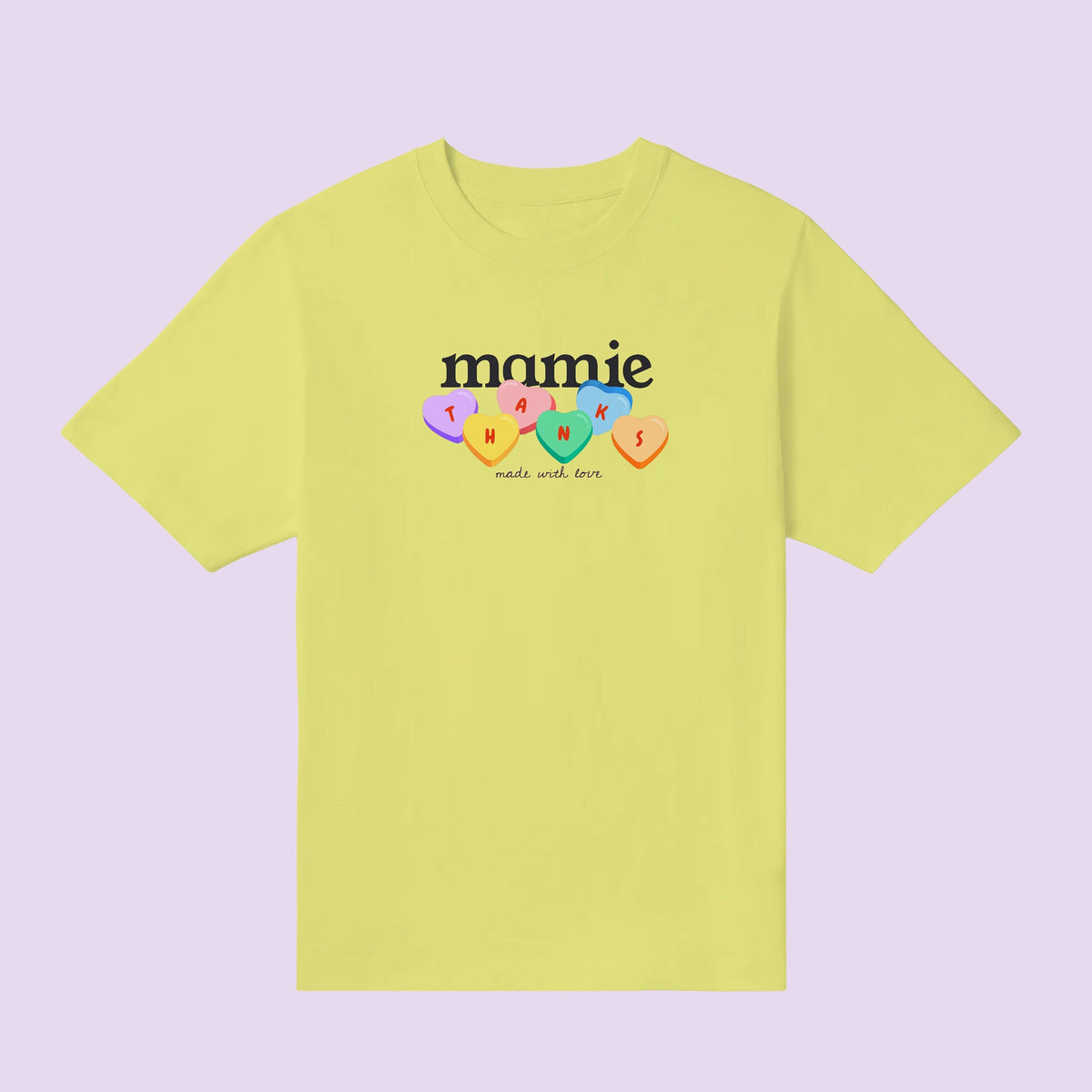 T-shirt jaune « mamie » illustré de cœurs colorés – cadeaux papi et mamie