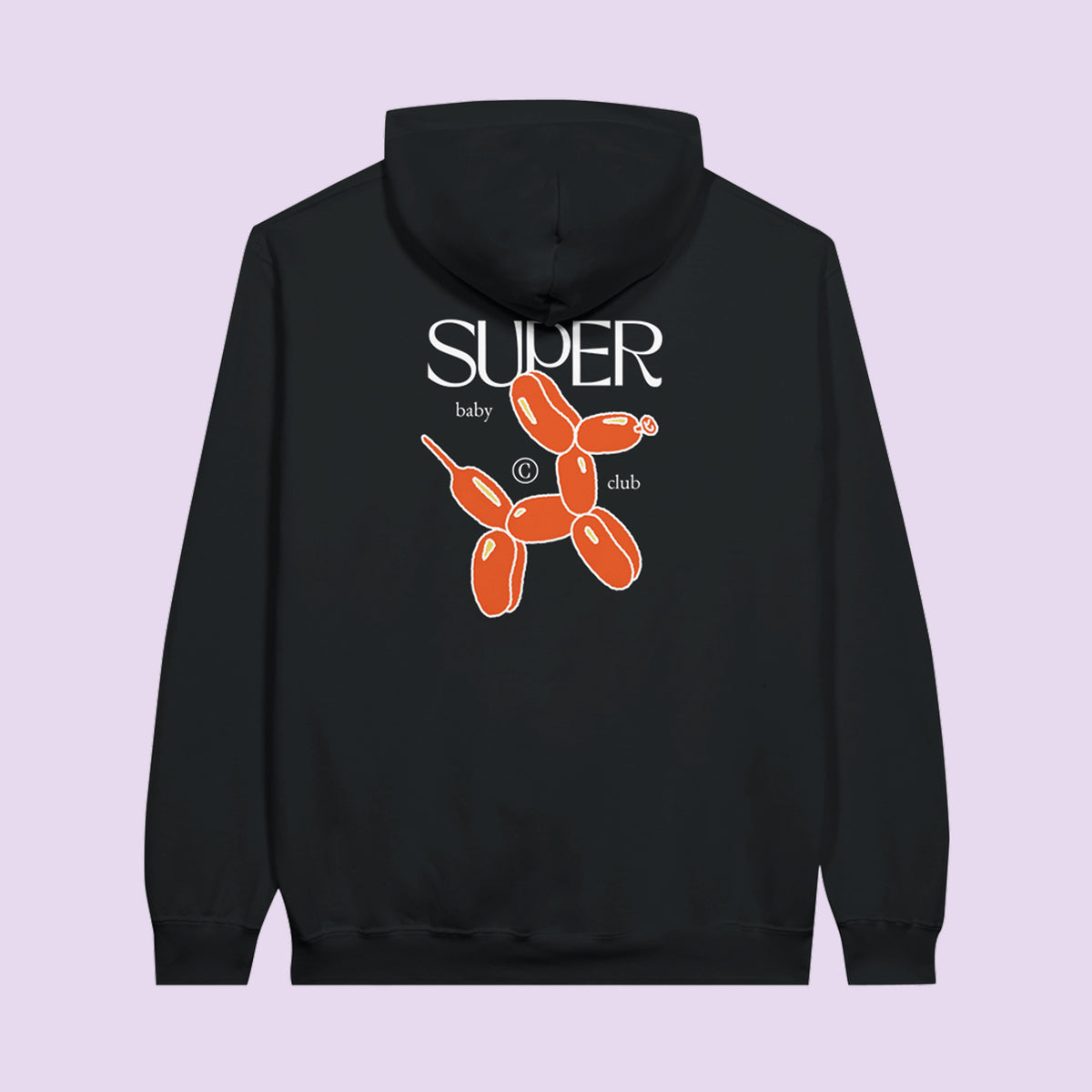 Hoodie noir Super Baby Club, dos illustré d'un chien ballon orange – cadeau futurs parents