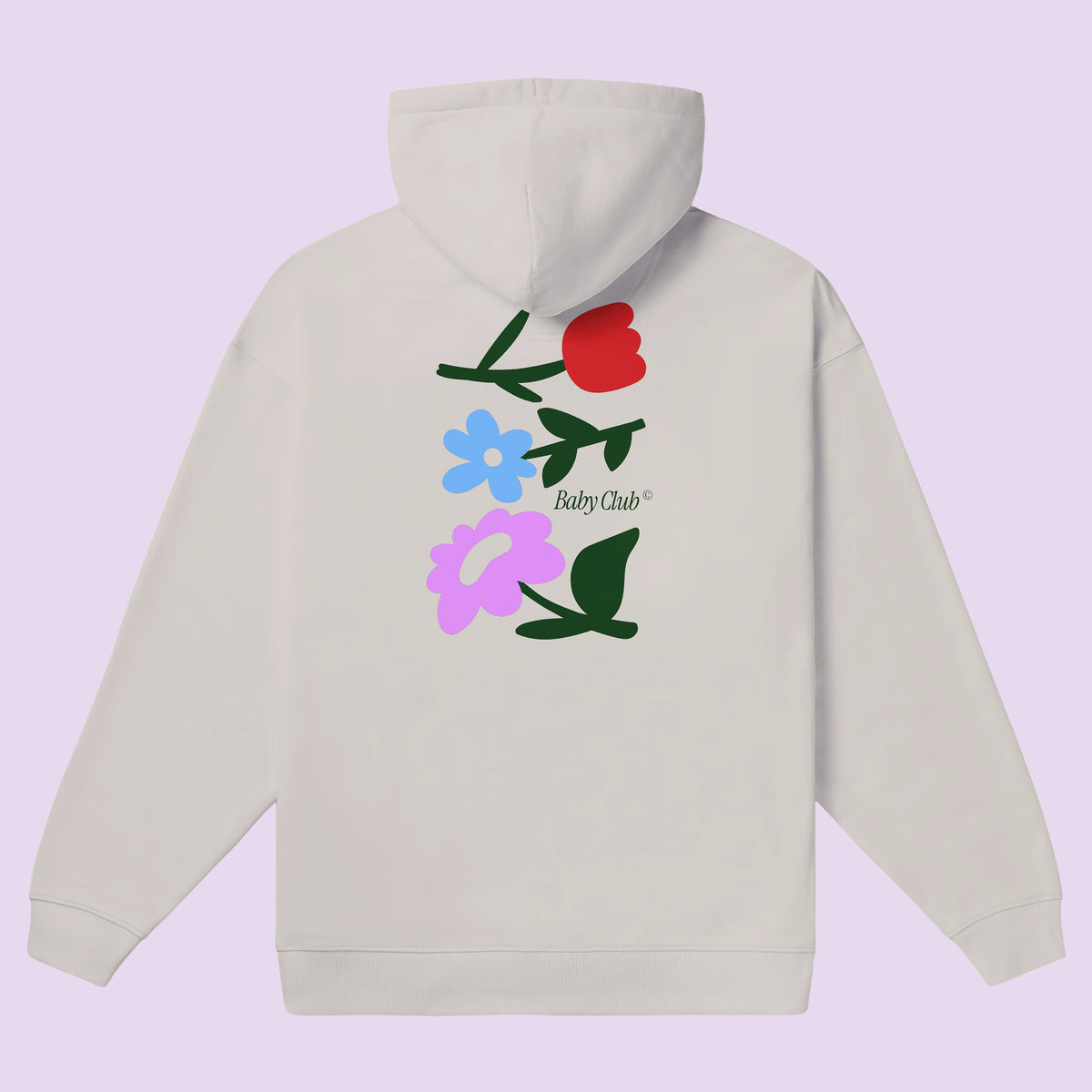 Hoodie écru Baby Flowers, dos illustré de fleurs rouge, bleue et violette – cadeau futurs parents