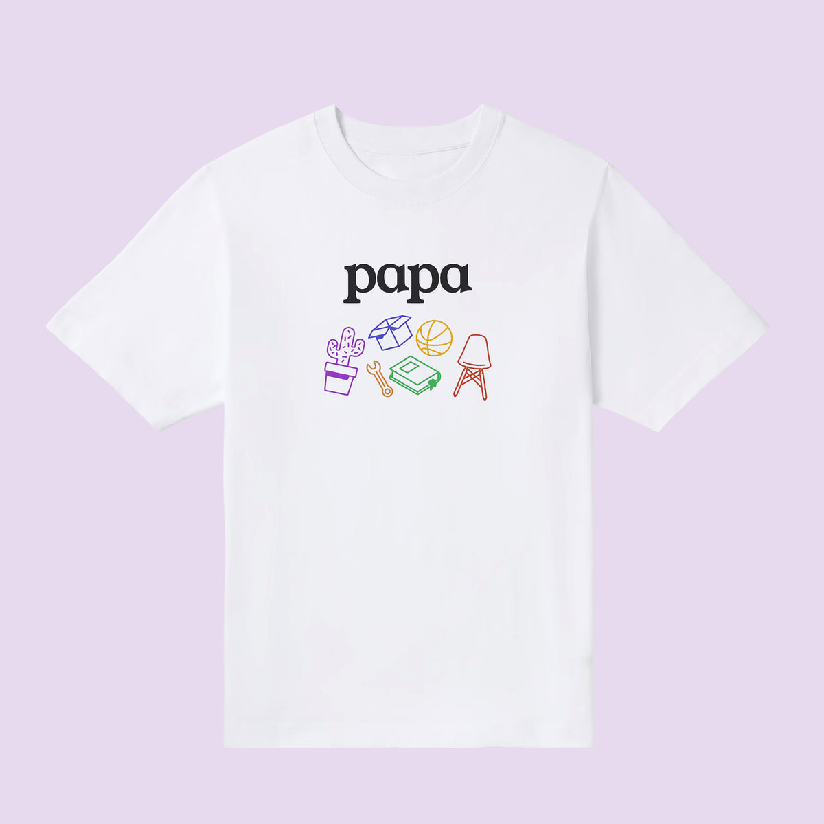 T-shirt blanc oversize « papa » illustré de petits objets colorés – cadeau futur papa