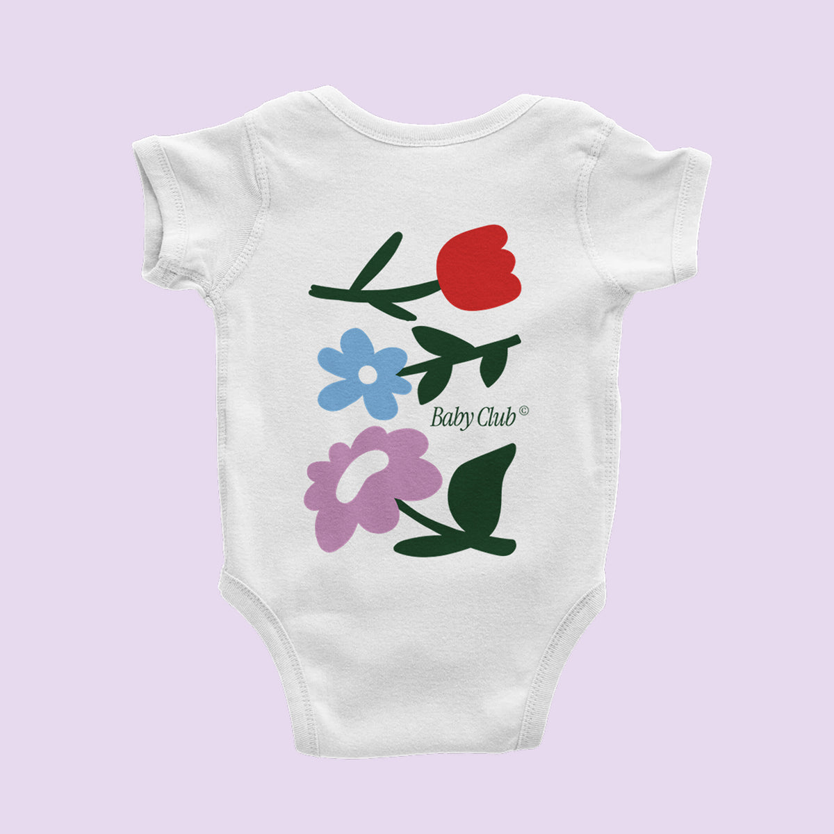 Body bébé blanc Baby Flowers illustré de grandes fleurs rouge, bleue et violette – cadeau naissance