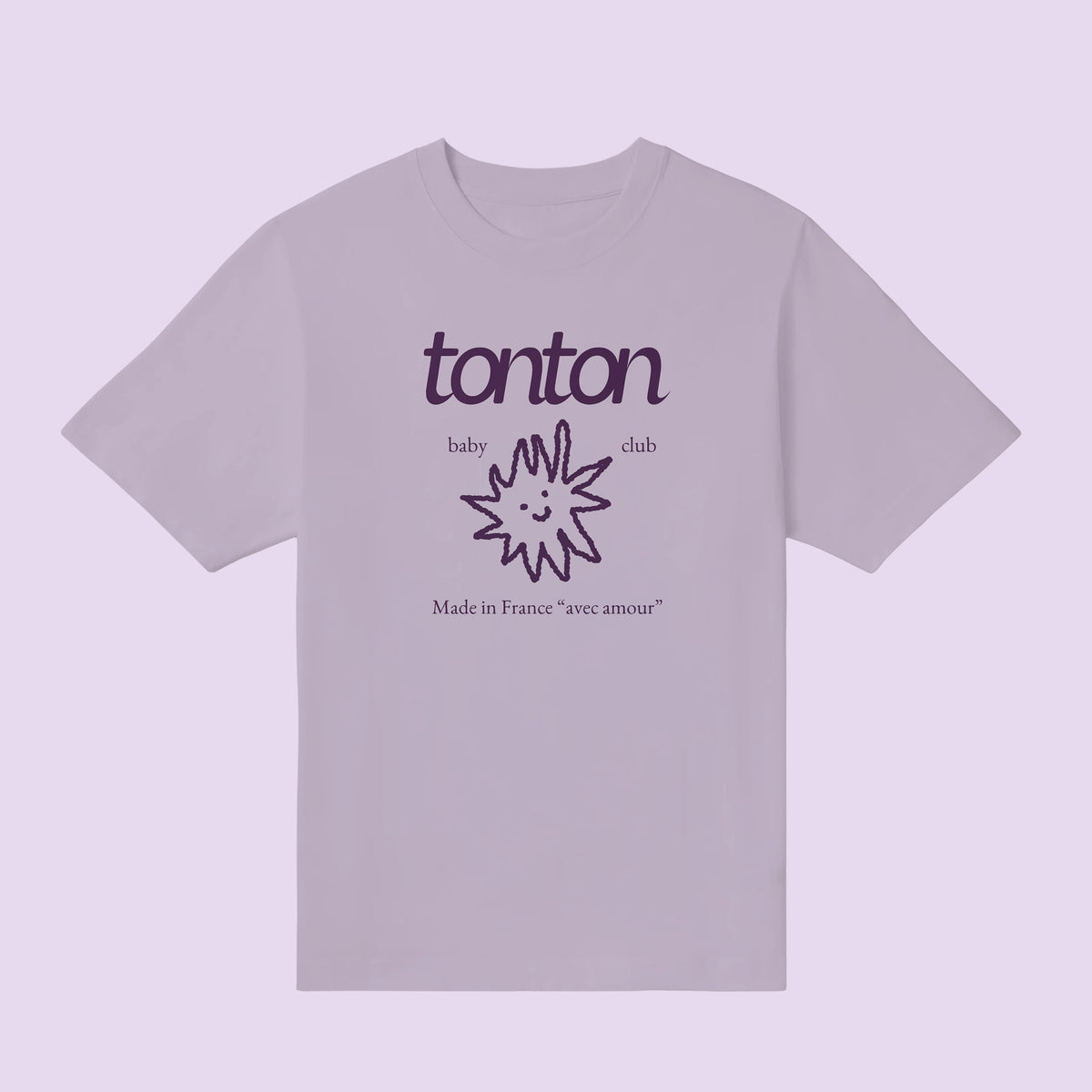 T-shirt lila « tonton » Baby Club illustré d'un soleil – annonce grossesse futur tonton