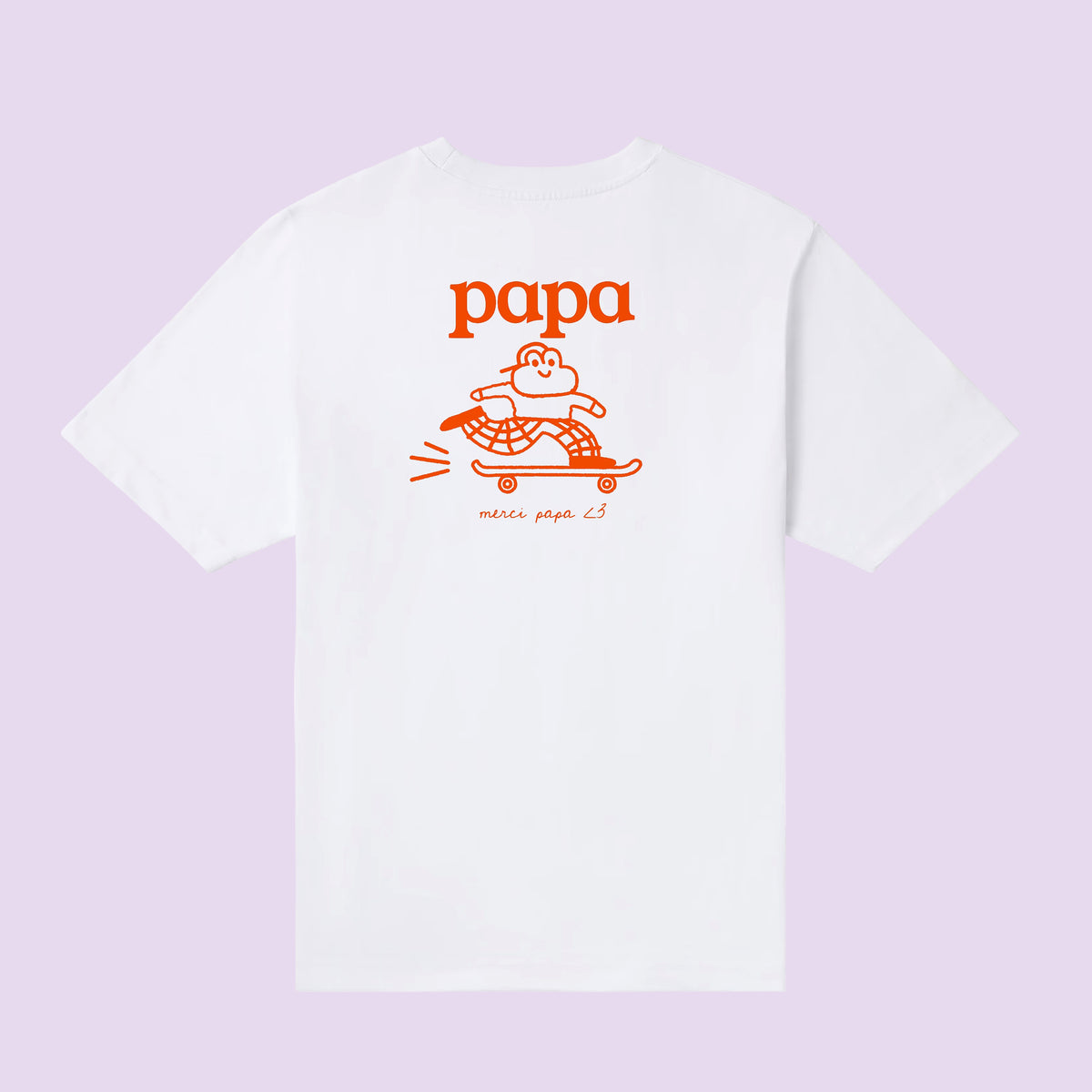 T-shirt blanc « papa » illustré en orange d'un personnage sur skateboard – cadeau fête des pères