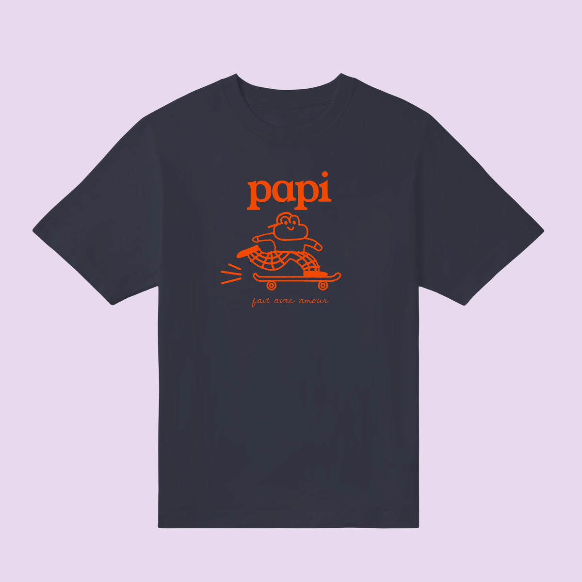 T-shirt noir « papi » illustré en orange d'un personnage sur skateboard – cadeau futur grand-père