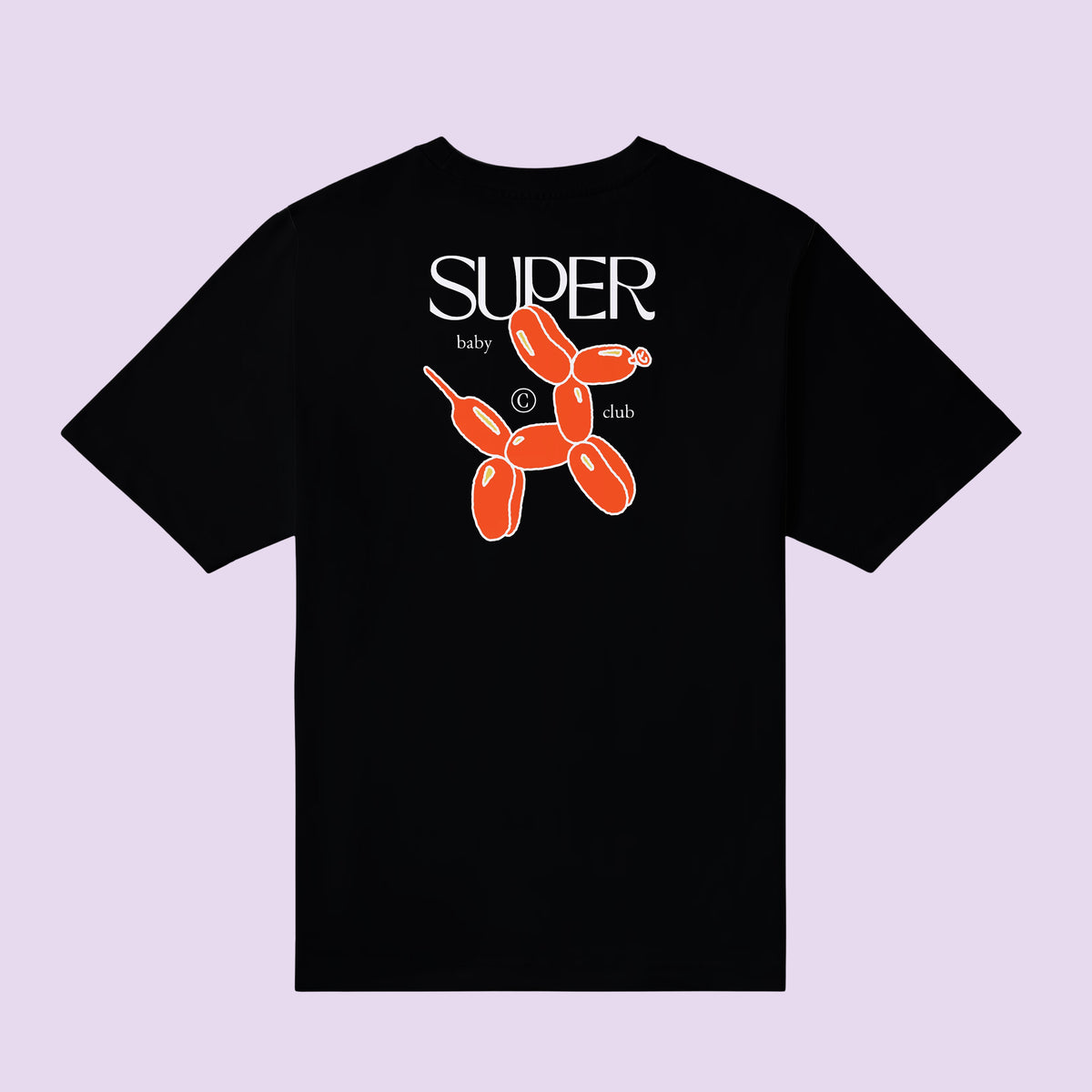 T-shirt noir oversize Super Baby Club, dos illustré d'un chien ballon orange – annonce grossesse