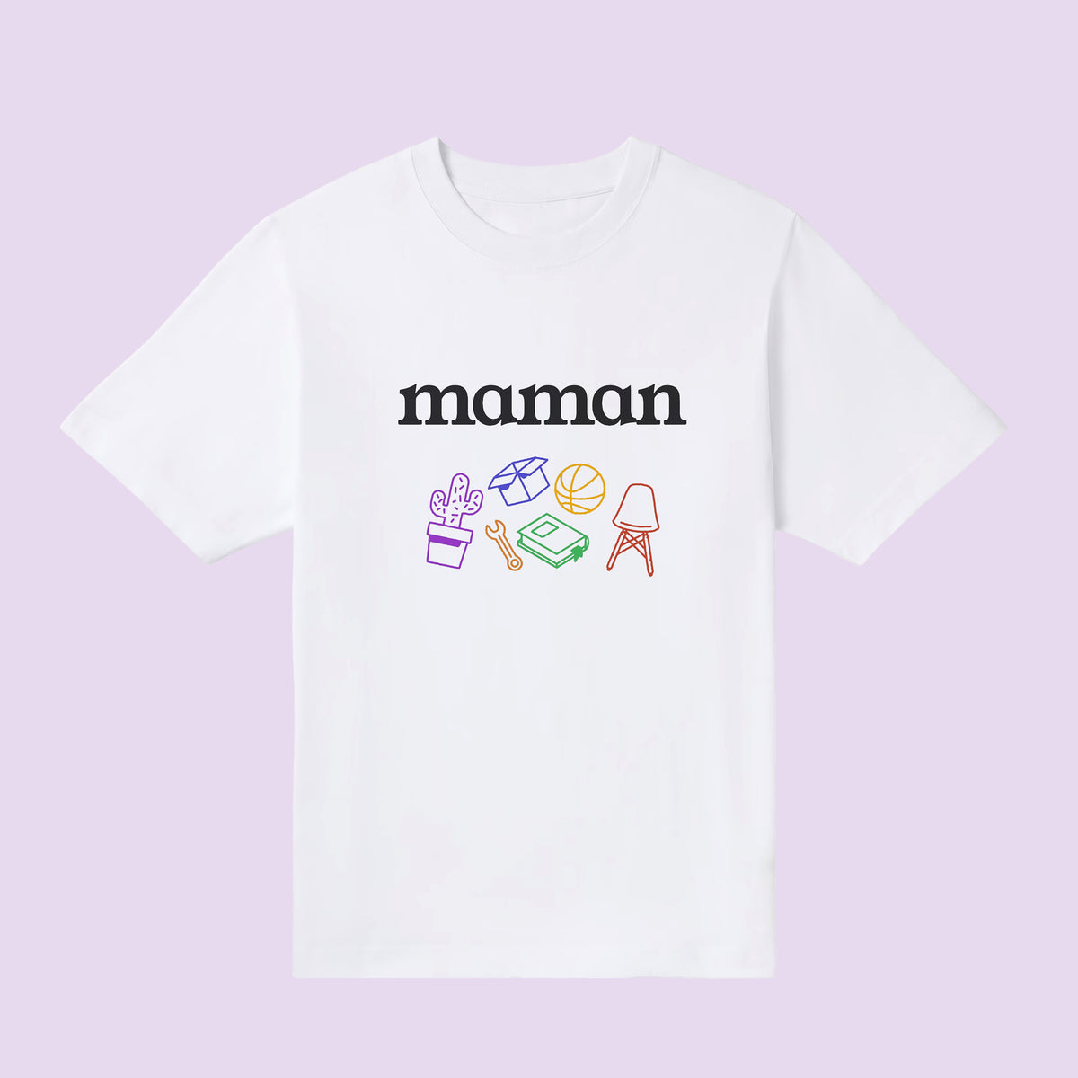 T-shirt blanc « maman » illustré de petits objets colorés – cadeau future maman